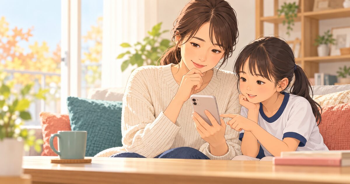 SNSへの投稿前に、親子で行事の写真を確認する様子