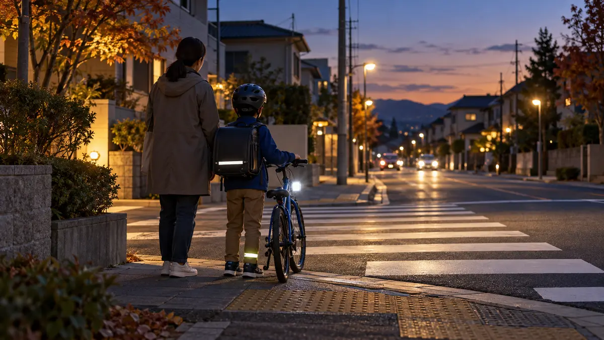秋の夕暮れ、横断歩道の手前で自転車を押して待つ親子。自転車のライトと反射材が光っている