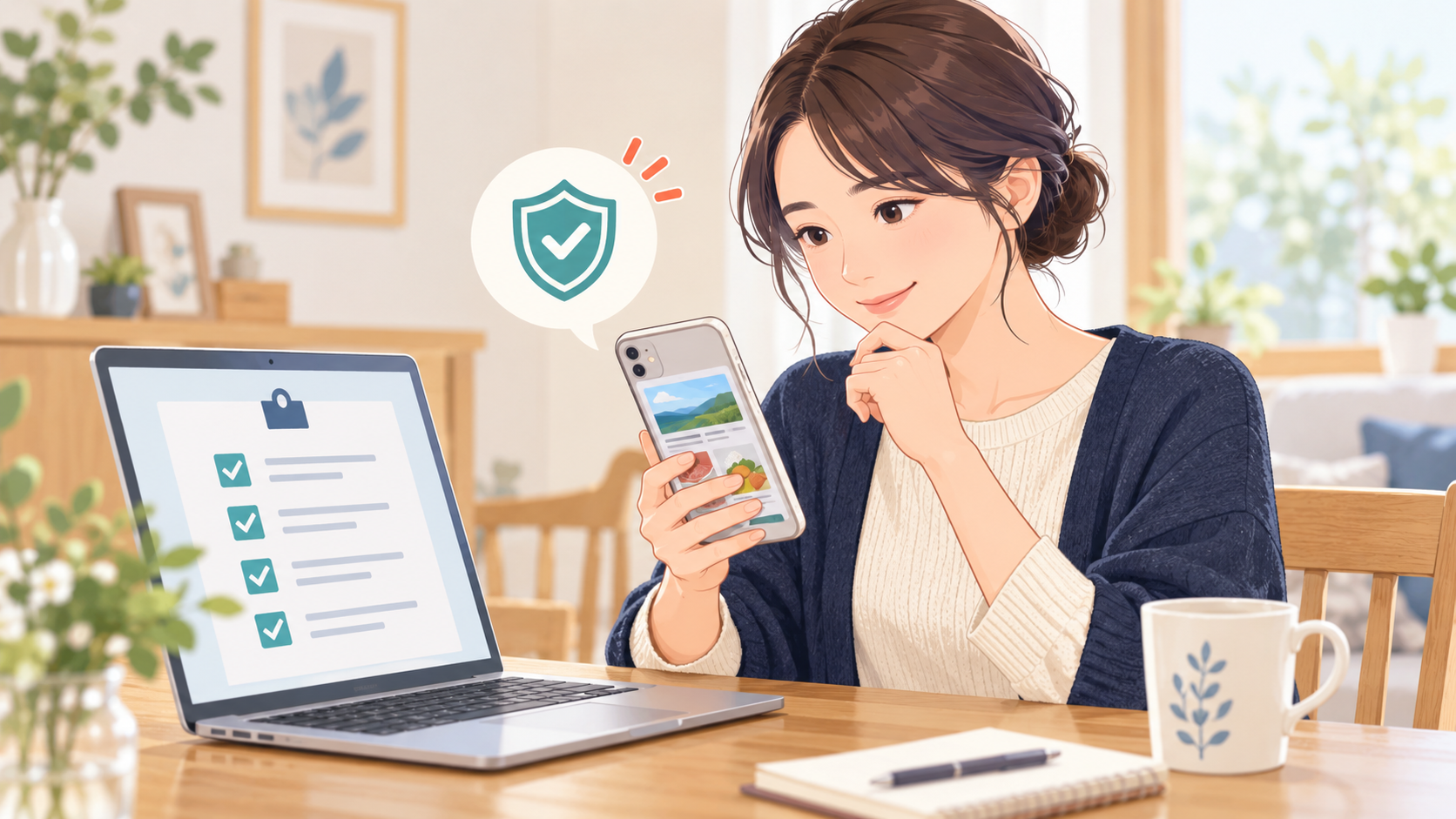 スマートフォンのふるさと納税サイトを公式情報と照らし合わせて確認する女性のイラスト